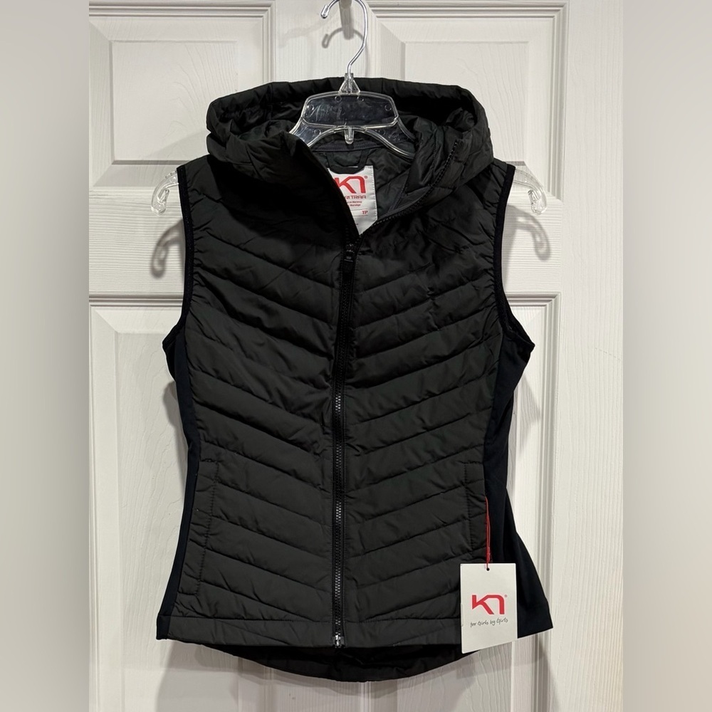 Kari Traa Women's XS Eva Down Vest Black Grey NWT Hood Dropped Back Hem Zipper